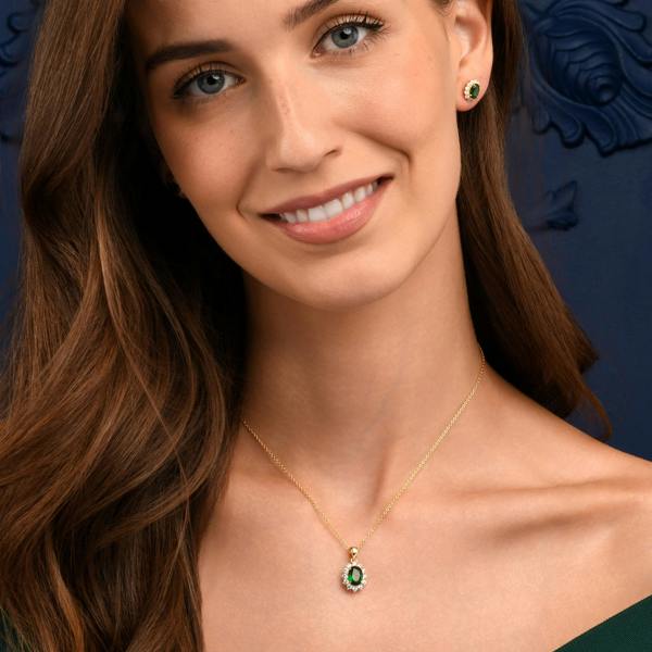 namana Gold Plated Sterling Silver Green Cubic Zirconia Oval Halo Pendant Necklace
