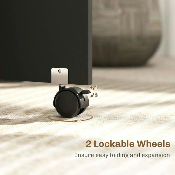 Black folding table caster wheel with lock, under the frame for easy mobility