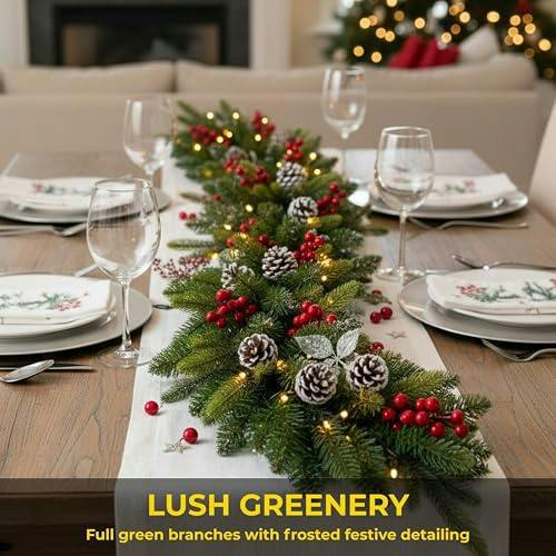 2m Green Pre-Lit Christmas Garland with Warm White LEDs, Berries, Pine Cones and Frosted Tips image 3