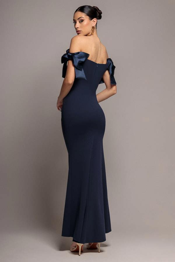 Satin Bow Bardot Sheath Maxi Dress - Navy Blue DR4999