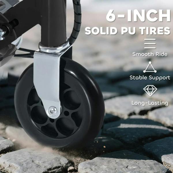 Front wheel and fork of black powered scooter with solid PU tire