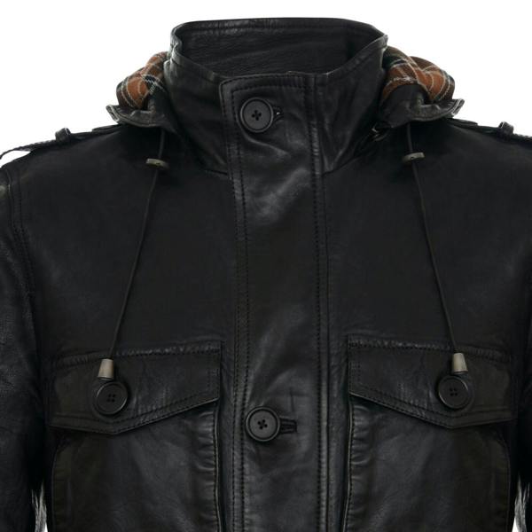 Infinity Leather Mens Hooded Trench Multi-Pocket Overcoat Leather Jacket