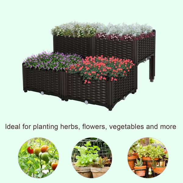 Set of 4 brown elevated garden planter boxes filled with mixed flowers on top tier