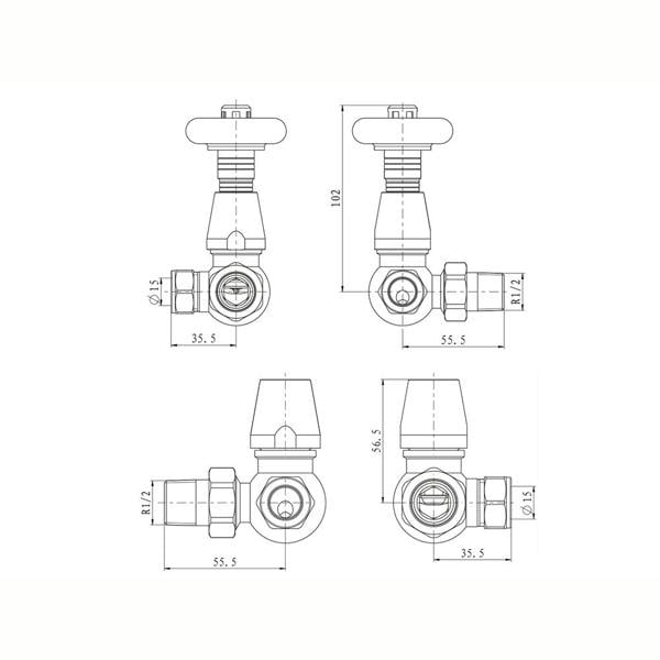 Flode Traditional Style Corner Wood Effect Head TRV & Lockshield | 15mm x 1/2" | Copper