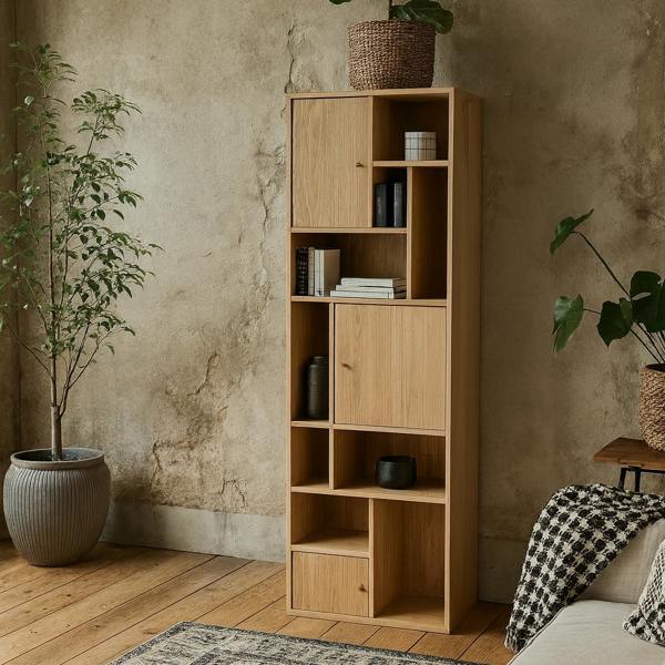 Wyld Haus Thallo Narrow Oak Wood 3 Door Multi Level Bookcase