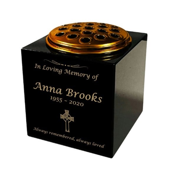 Memorials Direct Granite Memorial Vase- Solid Granite – Free Personalised Gold Engraving, Celtic Cross – Includes Metal Flower Pot Insert