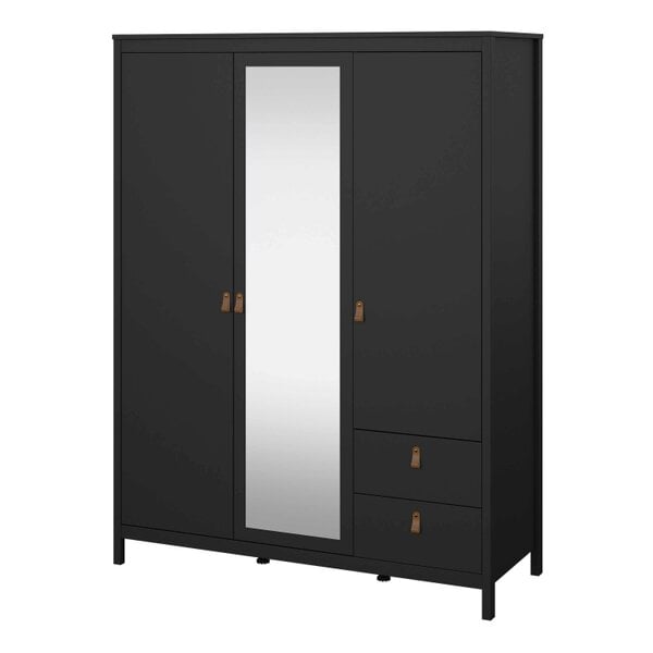 Wyld Haus Wildberry Matt Black Mirror Wooden Wardrobe 2 Doors 2 Drawers Leather Handles