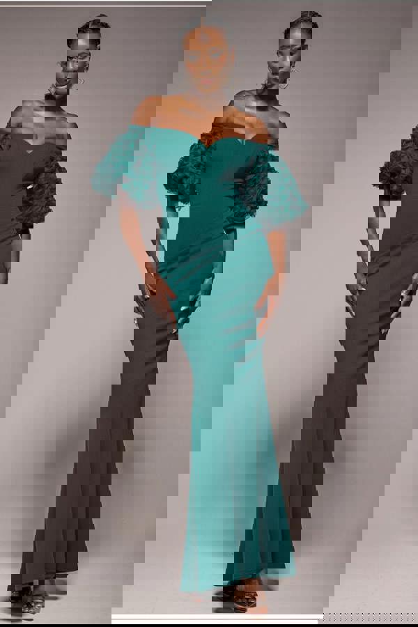 Off The Shoulder 3D Puffed Sleeve Sweetheart Maxi Dress - Emerald Green DR4637