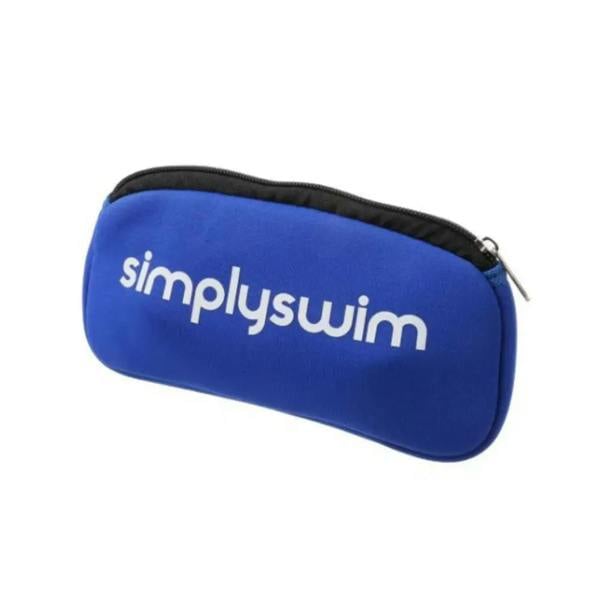 Blue Simply Swim goggle pouch with white logo and black zipper