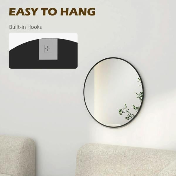 Round black wall mirror with built-in hanging hooks, shown on a wall