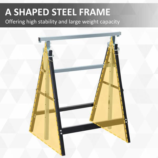 Adjustable steel trestle sawhorse set with yellow frame panels and black legs