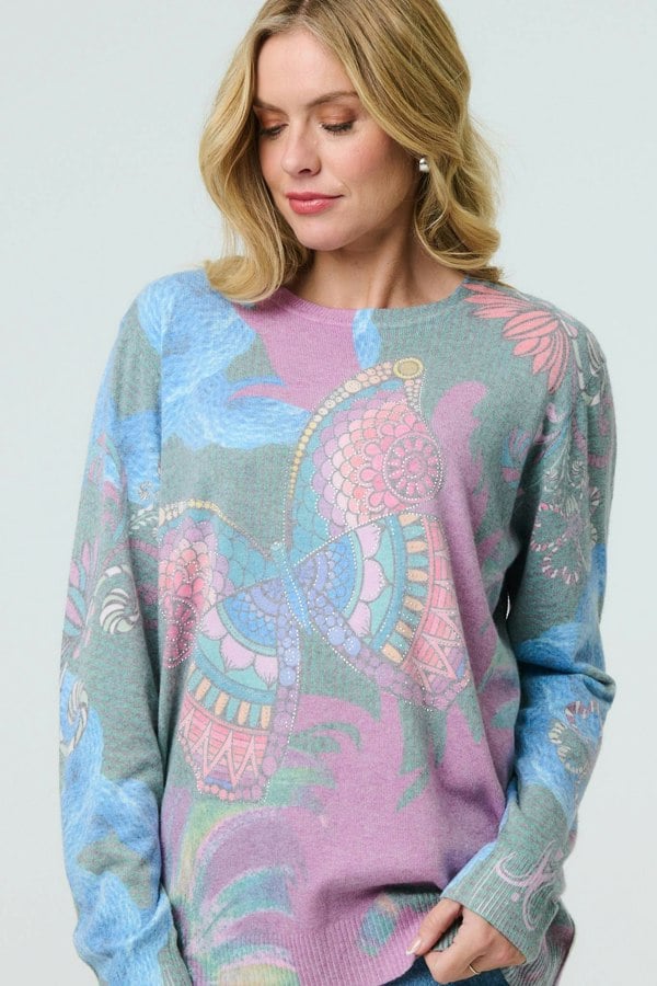 Blue | Abstract Print Stud Detail Knit Top
