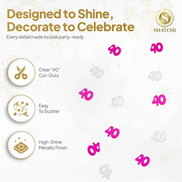 40th Birthday Pink Foil Confetti Set, Metallic Table Decoration in 1 to 5 Pack Options image 4