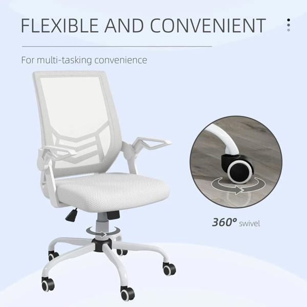 White mesh office chair with padded seat and 360-degree swivel on rolling caster base