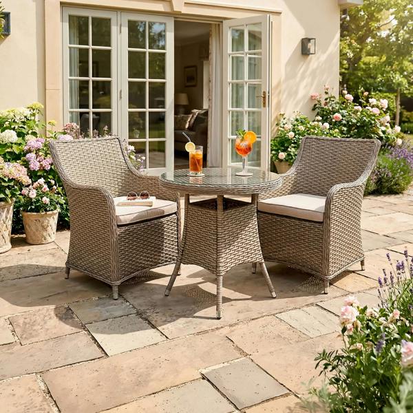 Dellonda Chester 3 Piece Rattan Wicker Outdoor Dining Set with Tempered Glass Table Top, Brown - DG86