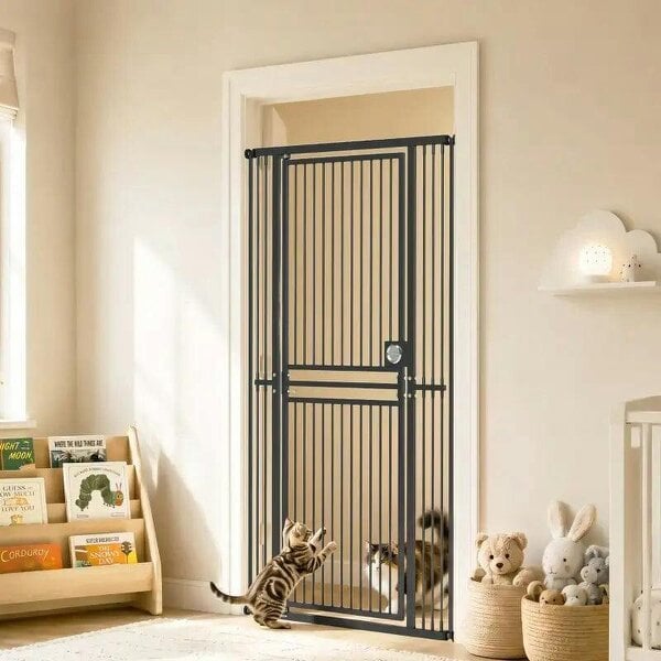 180cm Extra Tall Cat Gate, Adjustable Pet Gate with 74-100 cm Wide, Pressure Fit, Pull-Ring Latch, Black - Black