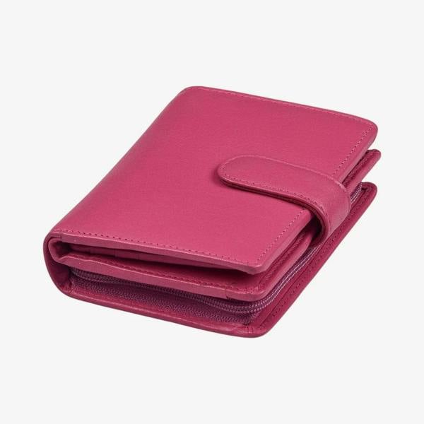 Pink women's leather trifold wallet with RFID protection and zip closure