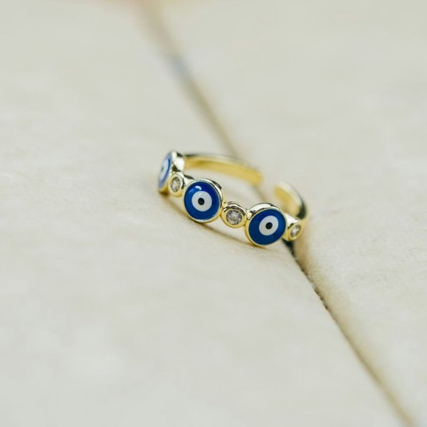 The Colourful Aura Adjustable Blue White Evil Eye Protection Slim Stacking Ring