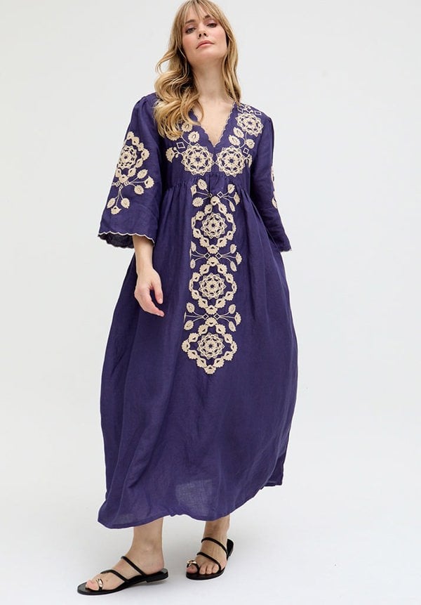 Raffya Arianna V- Neck Embroidered Maxi Dress In Blue