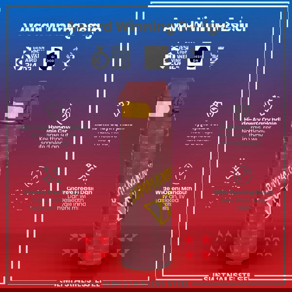 A maroon and yellow water bottle, featuring a wide mouth and a hideaway handle, is displayed against a gradient background showcasing its award-winning design and features.