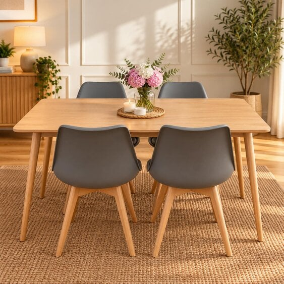 Kosy Koala Modern Rectangle Wood Effect Dining Table Set With 4 Grey Plastic Chairs Dining Room Furniture