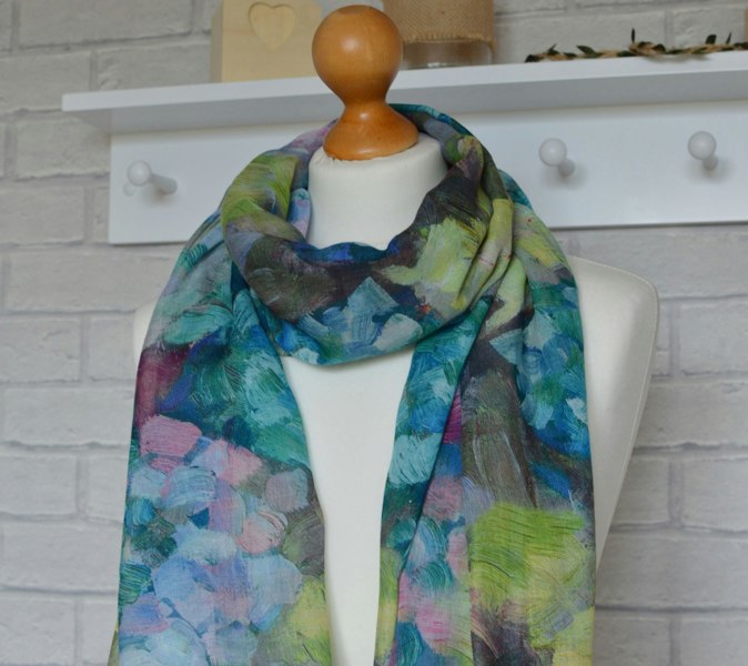 Antonia York Abstract Floral Scarf | Clara Brush Stroke Watercolour Blue Green Turquoise Wrap