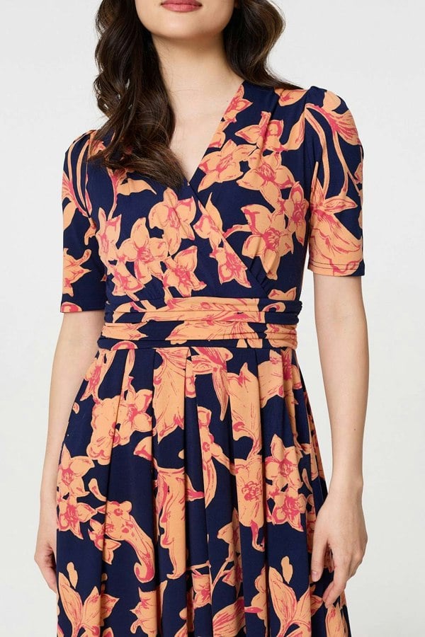 Navy | Printed Shirred Cap Sleeve Knee Length Dress
