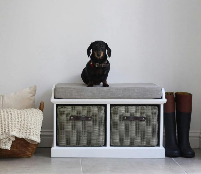Tetbury Bench with 2 Storage Baskets and Grey Cushion Seat