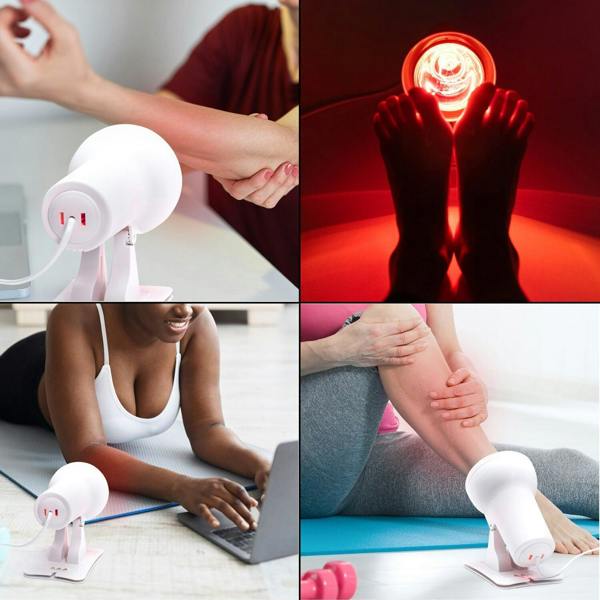 A collage of four images shows people using the Infrared Heat Lamp for muscle and joint relief on their arm, feet, wrist while working on a laptop, and lower leg near exercise equipment.