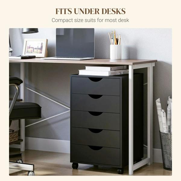 Black rolling vertical filing cabinet with four drawers and caster wheels