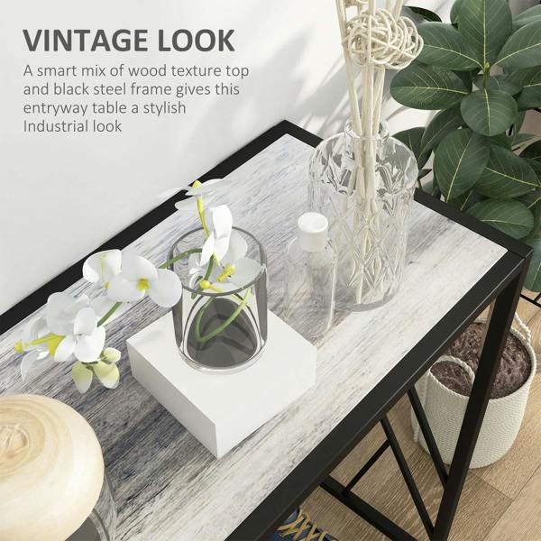 Industrial console table with grey wood-look top and black metal frame, corner view