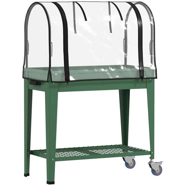 Green raised garden bed with clear greenhouse cover, bottom shelf, and caster wheels