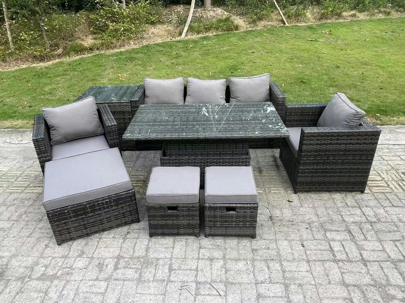 Fimous 8 Seater Wicker PE Rattan Garden Furniture Patio Set, Adjustable Height Dining Table, Armchairs, Side Table, 3 Footstools, Dark Grey Mixed