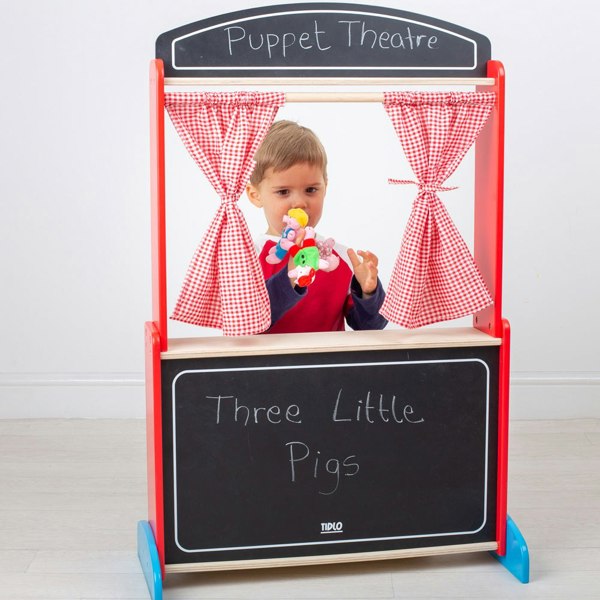 Tidlo Wooden Puppet Theatre Including Red Gingham Curtains And A Chalkboard