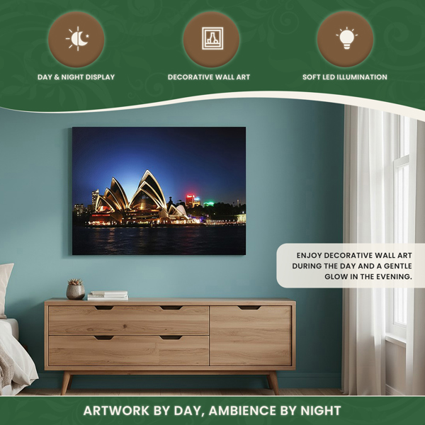Sydney Opera House Print LED Canvas, 60 x 40 cm, Stretched Wooden Frame, 8 LED Lights, Battery Powered with Switch