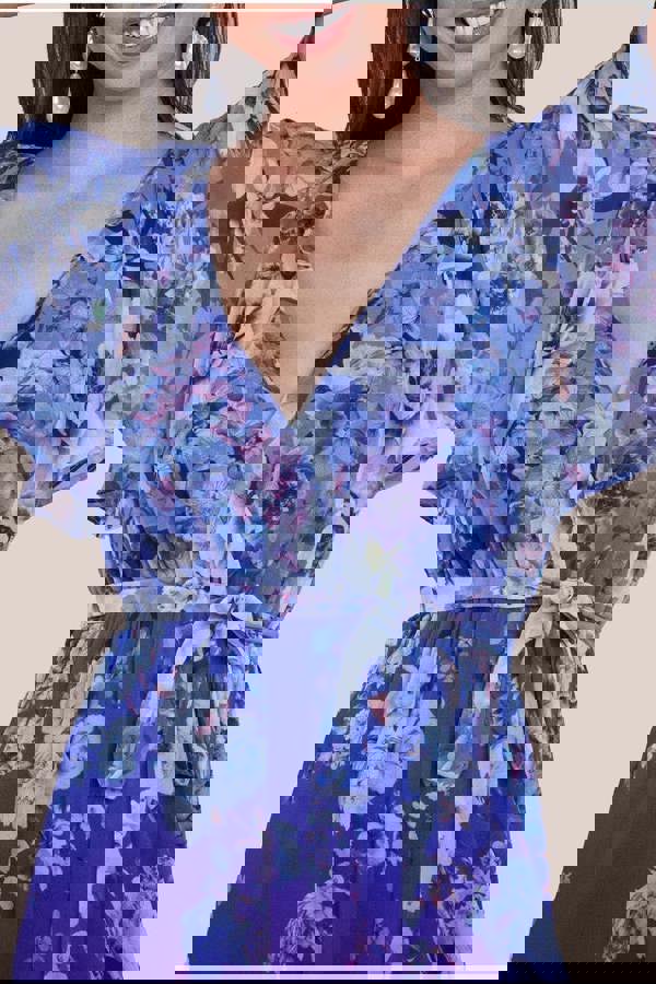 Flutter Sleeve A-Line Chiffon Floral Printed Midi Dress - Royal Blue DR4481