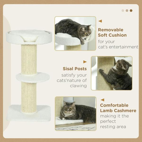 Cream sisal cat tree tower with removable soft cushion and plush resting perch areas