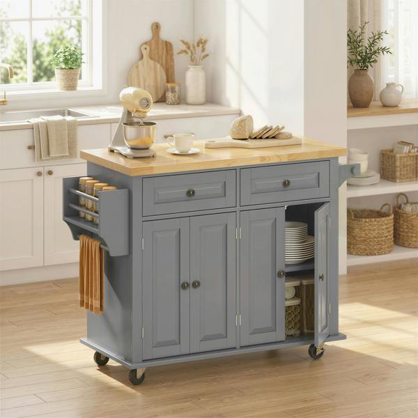 HOMCOM Rolling Kitchen Island Cart with Rubber Wood Top, Spice Rack, Grey