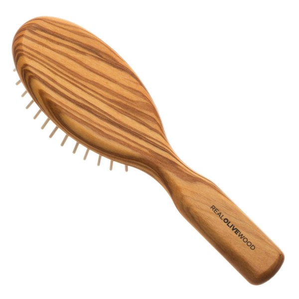 Hydréa London Premium Olive Wood Travel Hair Brush with No-Pull Cushion - Detangle & Anti-Static