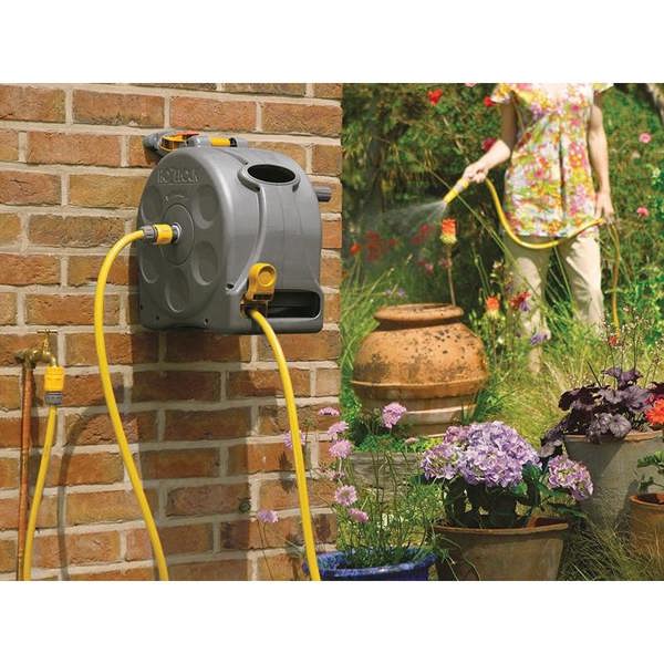Hozelock 2415 25m 2-in-1 Compact Hose Reel + 25m Of Starter Hose - Multi Colour - 