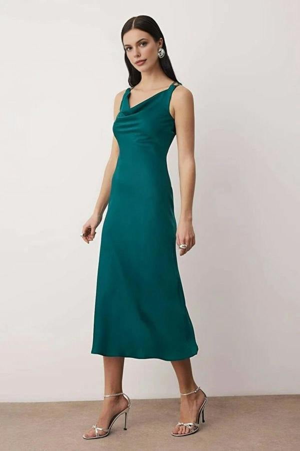 WOVCOR Woven Satin Midi Evening Dress with Stone Embellishments