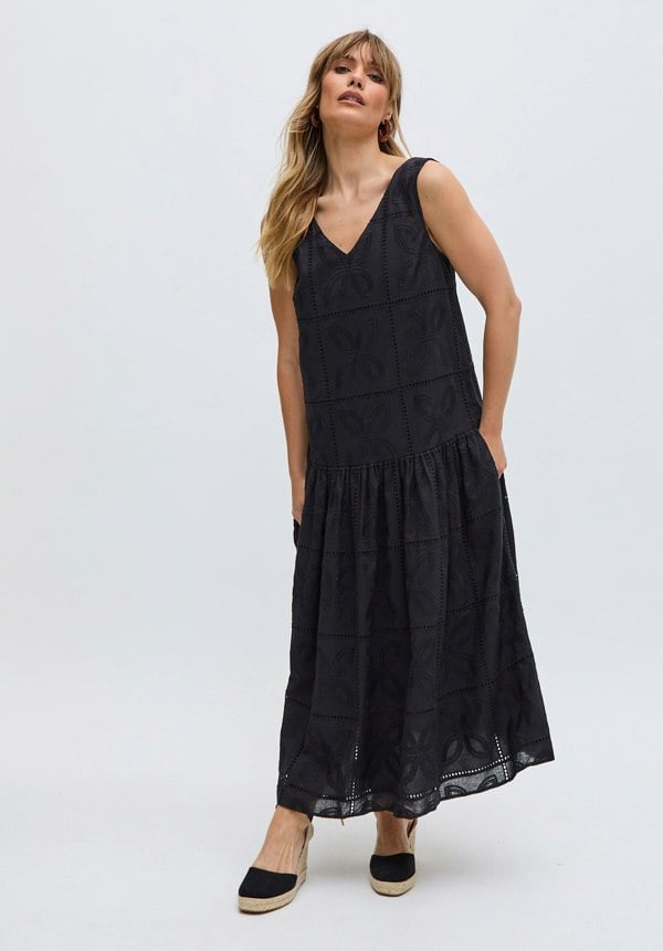 Raffya Squire All Over Cut Work Drop Waist Midi Dress In Black