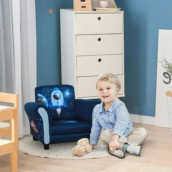 Blue kids armchair with rocket graphic backrest, rounded armrests, black plastic feet