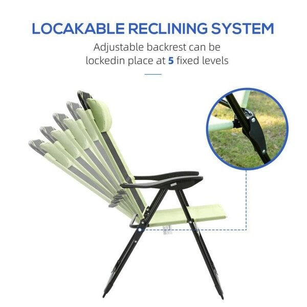 Bobobiy Folding Garden Chairs Set of 2, 5-Position Recliner Camping Chair with High Back, Portable Outdoor Dining Chairs with Headrests, Green