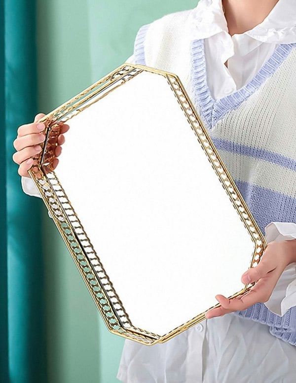 ANYHOUZ 35cm Gold Rectangle Glass Mirror Base Metal Vanity Food Serving Organisr Jewelry Cosmetics Storage Tray with Handle
