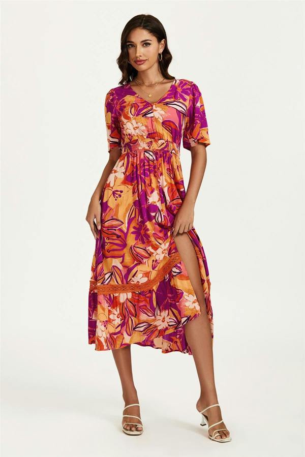 FS Collection Floral Print Button Down Maxi Dress In Pink Orange