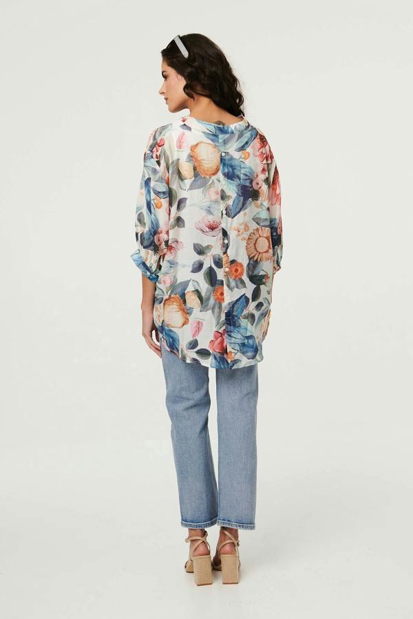 Blue | Abstract Floral Curve Hem Blouse