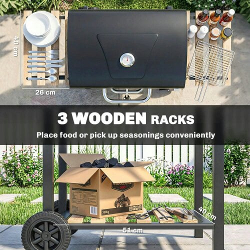 Bobobiy Charcoal BBQ Grill with Height Adjustable Charcoal Pan, Barbecue Smoker with Warming Rack, 3 Shelves, Bottle Opener Cooking Garden Party