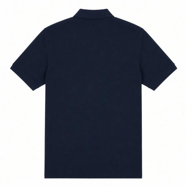 Back view of a navy blue Barbour International short-sleeve polo shirt with a classic collar and cotton pique fabric.