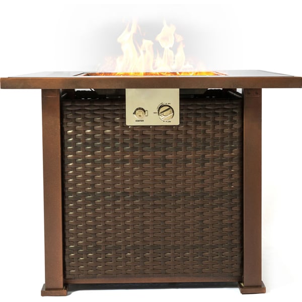 MDA Designs Ostara Stylish Bronze Wicker Garden and Patio Gas Fire Pit Multi-Purpose Glass Tabletop Outdoor Smoke-Free Heater